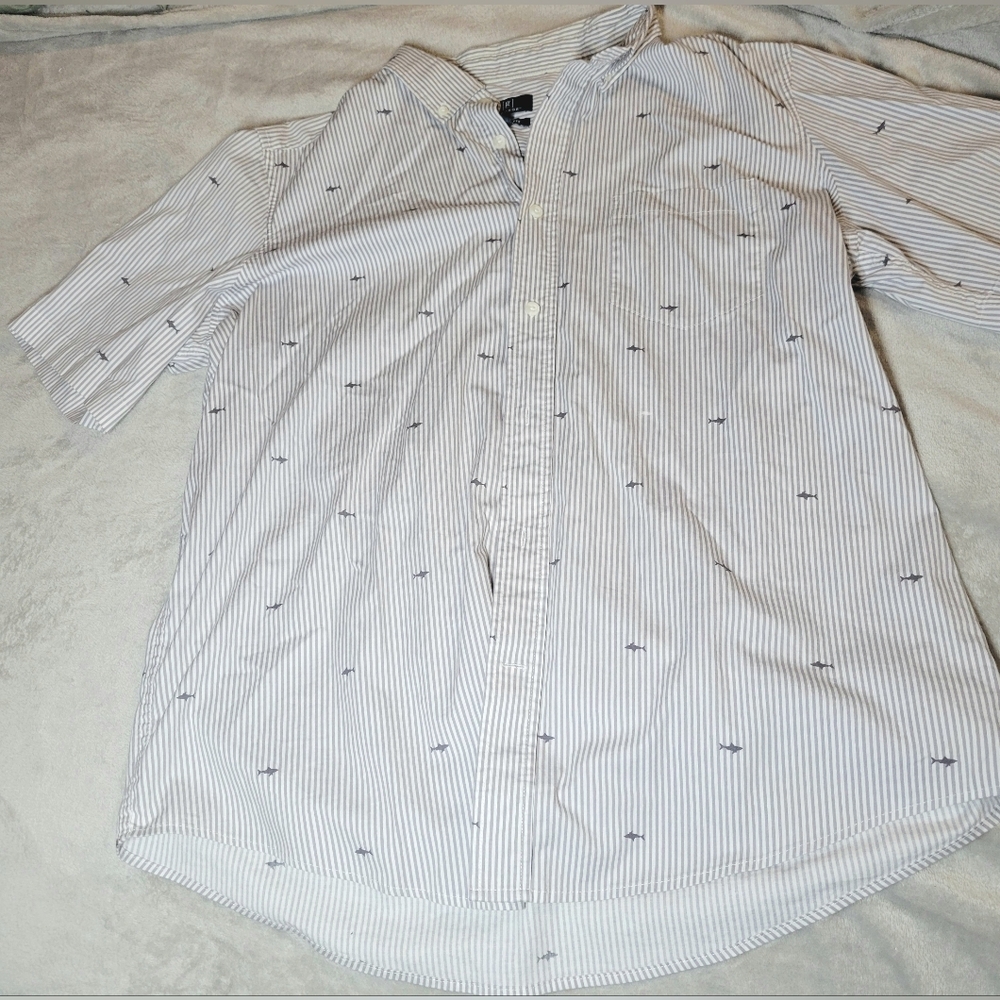George men's button down, size large, run shark and striped pattern.